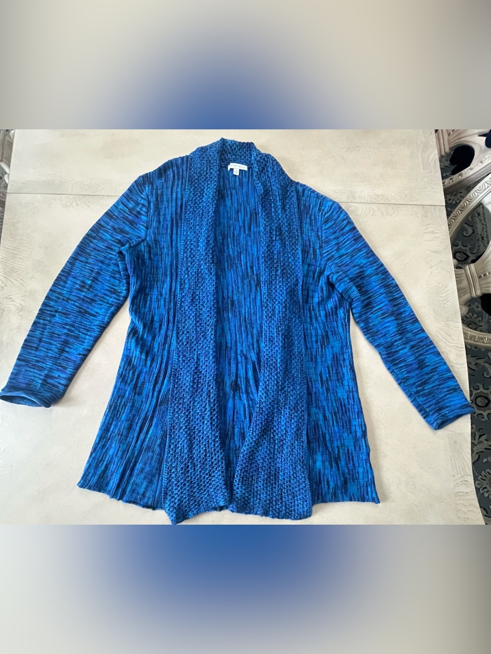 Notations Blue Black Marled Open Front Cardigan Crocheted Trim 100% Cotton XL